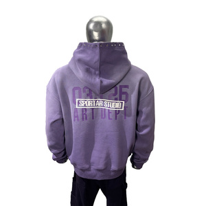 Sweat à capuche décontracté pour homme, personnalisé OEM, en molleton 400 GSM, effet délavé soleil, imprimé en relief, avec strass vieillis et manches longues - Product Image 2