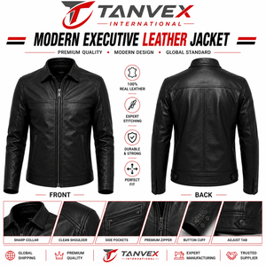 Veste en cuir matelassée de qualité supérieure pour homme TANVEX INTERNATIONAL, col montant, fermeture éclair, style motard, noir - Product Image 4
