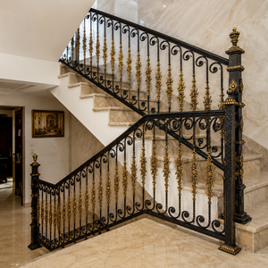 Luxury Black Gold Ornate Stair <b>Railing</b> Wrought Iron Floral Balustrade for Marble Staircase Villa Interior Decor - Product Image 3