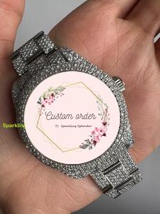 Montre Moissanite entièrement sertie de pierres pour unisexe, avec cadran analogique artisanal en acier inoxydable, montre de luxe pour soirée, cadran rose, montre analogique - Product Image 4