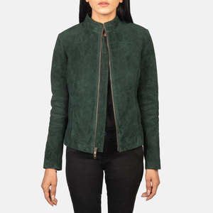 Flashback Green <b>Suede</b> Biker Motorcycle <b>Jacket</b> Windproof Genuine Leather Knitted Zipper Closure Spread Collar Solid Finished - Product Image 3