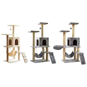 Durable Multi- Level Easy Assemble Wood Sisal Scratcher Post Cat Climbing Frame House Condo Hammock Large Cat Tree