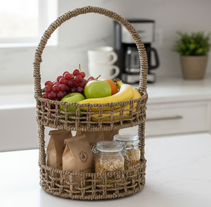 Panier de rangement minimaliste à deux niveaux, double couche, en herbe de mer tressée, fibre naturelle, panier à étages - Product Image 2