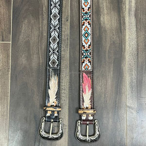 Nouveau design personnalisé de ceinture perlée en cuir usiné à la main de cow-boy occidental de luxe ceinture à perles en alliage avec boucle ardillon en cuir véritable ceinture de créateur avec plumes - Product Image 6