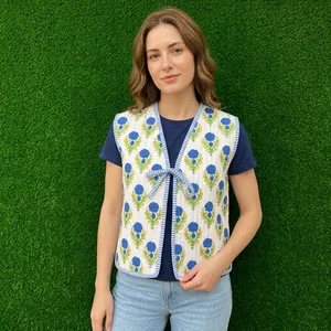 Chaleco Reversible Acolchado 100% Algodón Puro para Mujer, Estampado Floral, Sin Mangas, Hecho a Mano, con Lazos Delanteros, Chaqueta Ligera - Product Image 5
