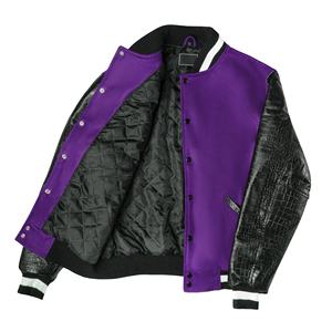 Veste de sport pour homme en violet avec manches en cuir PU noir, coupe classique, vêtement décontracté pour l'automne, col rabattu, fermeture à boutons - Product Image 4