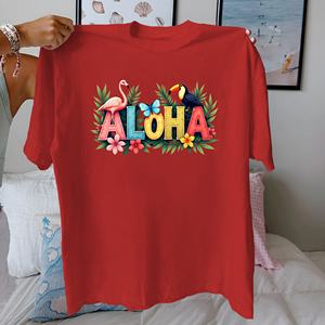 T-shirt décontracté pour femme à imprimé tropical ALOHA, en tricot, 100% coton, coupe confortable - Product Image 4