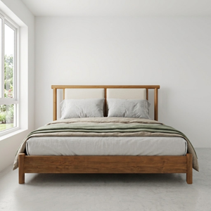 Camas de Madera, Estructura de Cama de Madera de Teca, Cabecera Tapizada en Tela, Estilo Moderno de Mediados de Siglo, Plataforma King Size, Muebles de Dormitorio Residenciales - Product Image 1