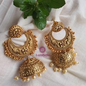 Gold Plated Brass Jhumka Earrings with Pearl Accents for Wedding and Party - Product Image 1