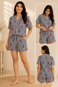 Vibrant Pink Crab Hand Block Print Night Suit Women Cotton Short Sleeve Shirt Shorts Set Casual Handmade Masterpiece Sleepwear - Product Image 6