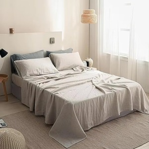 Parure de draps en lin couleur naturel, 100 % lin pur, lavé à la pierre, avec 1 drap plat, 1 drap-housse et 2 taies d'oreiller - Product Image 5