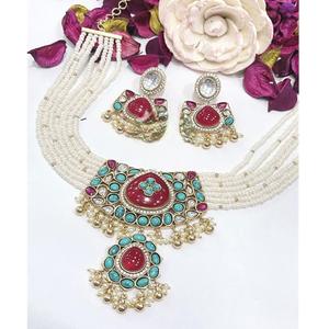 Collier ras-de-cou de mariée classique en laiton plaqué or de qualité supérieure avec moissanite et Kundan, boucles d'oreilles assorties, collection pour mariage - Product Image 1