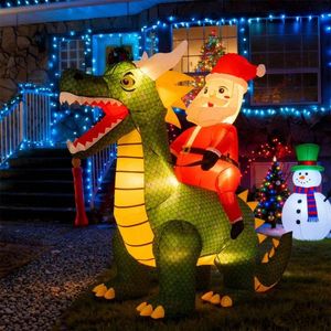 Decorazione Natalizia Gonfiabile da Esterno 2m, Babbo Natale a Cavallo su Dinosauro con 5 Luci LED, in Poliestere 210T, per Decorazioni da Giardino per le Festività - Product Image 1