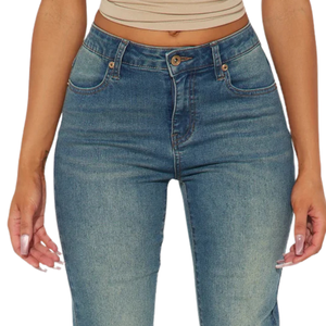 Women's Vintage Blue Denim Jeans Mid Waist Regular Fit Bootcut Casual Breathable Autumn Fashion Pants Five Pocket Design High - Product Image 3