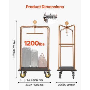 รถเข็นสัมภาระโรงแรมแบบหนัก 1200 ปอนด์ ทำจากสแตนเลส พร้อมล้อ 8 ล้อ ยางกันลื่น พื้นปูพรมสีดำ - Product Image 3