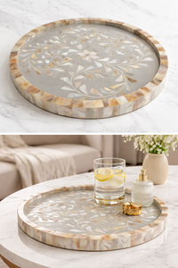 Bandeja de Servicio Decorativa de Lujo Moderna con Incrustaciones de Madreperla (MOP) y Base de Madera Floral Hecha a Mano para Mesa de Centro - Product Image 3
