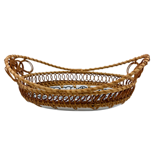 Assiette ovale en céramique faite à la main avec des poignées tissées en rotin à motif floral noir Plateau de service décoratif pour la cuisine à la maison et la fête - Product Image 3