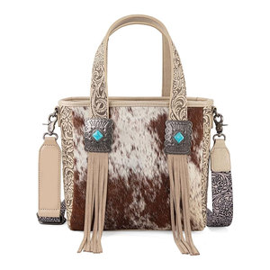 Bolso Tote de Cuero Estilo Western para Mujer, con Cierre, Plegable, con Flecos de Cuero, Adorno de Piedra Turquesa, Elegante Bolso de Vaquera, Estilo Rústico - Product Image 1