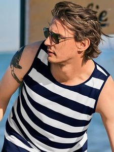 Débardeur Homme Rayé Blanc et Bleu Marine Col Rond Sans Manches Décontracté Respirant en Maille - Product Image 2