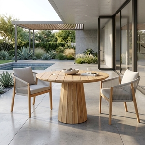Robi <b>Round</b> Outdoor <b>Table</b> Modern Solid Teak Wood <b>Garden</b> Furniture Elegant Conical Pedestal Base For Patio Contemporary Home Decor - Product Image 5