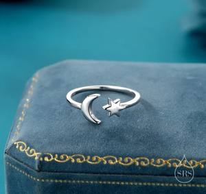 Anillo Abierto de Plata de Ley con Luna y Estrella, Talla Ajustable, Anillo de Estrella y Luna, Joyería Celestial, Anillo Delicado de la Estrella de David - Product Image 3