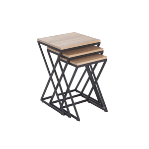 3-Piece Nesting <b>Coffee</b> <b>Table</b> Set with Oak Wood Top and Black Geometric Metal Frame End <b>Tables</b> for Modern Living Room Decor - Product Image 1