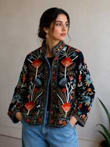 เสื้อแจ็คเก็ตกำมะหยี่ปักลายซูซานีแบบอินเดียทำมือสำหรับผู้หญิง ลายดอกไม้ประณีต เสื้อโค้ทสำหรับฤดูหนาว สไตล์คลาสสิกสำหรับสุภาพสตรี - Product Image 1