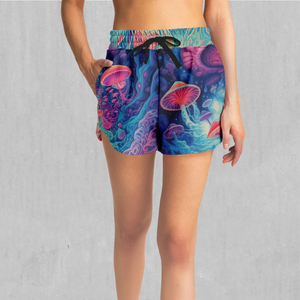 Shorts de sport pour femmes, taille haute, séchage rapide, en tissu Oxford, avec fermeture éclair, bordure en dentelle, impression par transfert thermique, logo personnalisé - Product Image 3