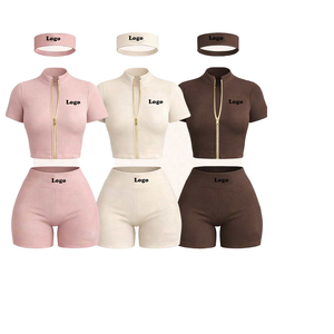 Top Trending Hot Selling Summer Women's Casual <b>Workout</b> Sets Zip Short Sleeve <b>Jacket</b> Shorts 2-Piece Customized Color Logo - Product Image 1