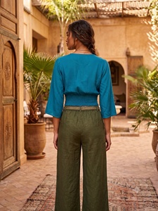 <strong>Women's</strong> Bohemian Crop <strong>Top</strong> Blouse <strong>Teal</strong> Three Quarter Bell Sleeve O-Neck Solid Color Spring Summer Regular Fit Woven Rayon - Product Image 5