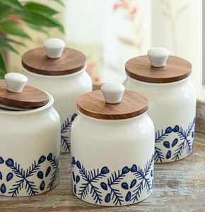 Ceramic Food <b>Storage</b> Container With Wooden Lid Nordic Design Airtight Cylinder Shape For Kitchen Use - Product Image 4
