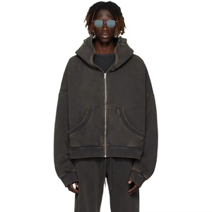 Sudadera con capucha OEM ODM de invierno, gruesa, con lavado ácido y efecto desgastado, 100% algodón, ecológica, cortavientos, vintage, con cremallera y logotipo personalizado - Product Image 1