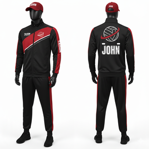 Chándal de netball de poliéster entrelazado de alta calidad para hombre, negro y rojo, con logotipo bordado personalizado en el pecho y sublimado. - Product Image 1