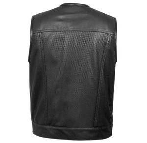 Gilet de moto vintage en cuir véritable noir pour homme, col en V, fermeture boutonnée, respirant, vêtement d'extérieur d'automne, côtés ajustables à lacets - Product Image 2
