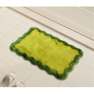 Tapis de bain festonné vert citron ultra doux et moelleux, avec bordure ondulée vert foncé, antidérapant – Vente en gros - Product Image 3