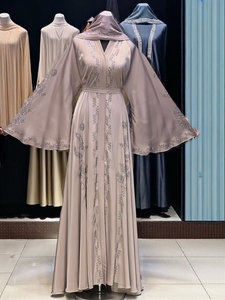 Wholesale Modest Dubai Beaded Sequined Long Sleeve <b>Abaya</b> Muslim Traditional Handmade Wedding Women Polyester Breathable V Neck - Product Image 6