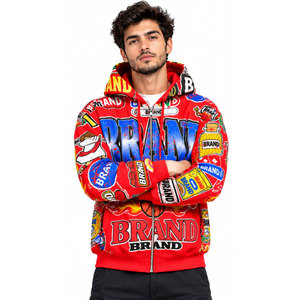 Sweat-shirt à capuche zippé pour homme, style streetwear oversize, imprimé, en tissu tricoté rouge, pour l'automne - Product Image 5