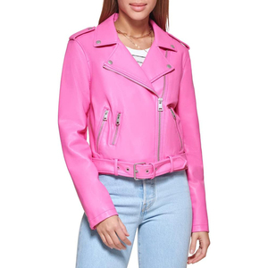 Women <b>Pink</b> PU Leather Moto <b>Jacket</b> Full Sleeve Zipper Closure Turn Down Collar Solid Color Autumn Style <b>Biker</b> Outerwear - Product Image 3
