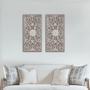 Set di 2 Pannelli Decorativi in Legno Intagliato con Motivi Botanici, Eleganti Decorazioni da Parete - Product Image 1