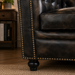Elegant 2 Seater Chesterfield <b>Sofa</b> Genuine Leather with Rolled Arms Tufted Backrest and Solid Wood <b>Legs</b> Compact Couch - Product Image 5