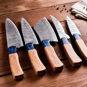 Damascus Steel <b>Knife</b> <b>Set</b> 5-Piece Wood Handle Chef <b>Knives</b> Polished Blade Straight Edge Ambidextrous Kitchen Cutlery - Product Image 5