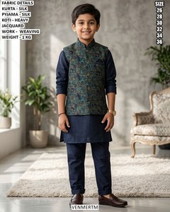 Traditional Silk <b>Boys</b> Wedding Party Floor-Length <b>Kurta</b> Pajama Set - Product Image 2