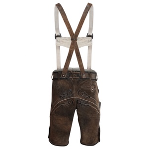 <b>Men's</b> <b>Brown</b> Leather Lederhosen With Embroidery Floral Pattern High Waist Casual <b>Shorts</b> Breathable Handmade Bavarian Style - Product Image 2