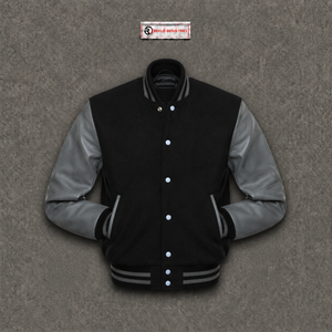 Chaqueta Varsity Negra y Gris para Hombre, Cuerpo de Lana, Mangas de Cuero Sintético, Cuello Camisero, Estilo Casual para Otoño - Product Image 5