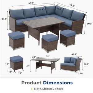 Set da Pranzo in Vimini da Esterno a 7 Pezzi, Divano Sezionale a 9 Posti con Cuscini Blu, Pouf e Tavolo da Pranzo per Portico e Giardino - Product Image 4