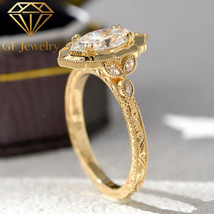 Anillo de compromiso y boda solitario de oro amarillo de 14K con diamante de laboratorio de corte marquesa, estilo vintage con milgrain, halo de encaje y pavé de piedras laterales - Product Image 1
