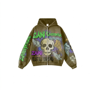 Sweat à capuche zippé en molleton doux 400 GSM de qualité supérieure, imprimé artistique vert, logo personnalisé, style pull, veste streetwear - Product Image 1