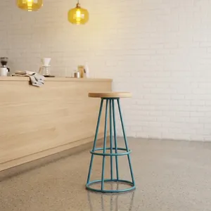 Tabouret de bar moderne scandinave avec assise en bois et structure métallique bleue, tabouret de comptoir durable - Product Image 1
