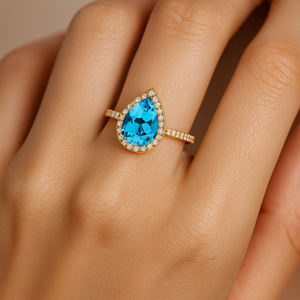 Topacio azul suizo natural, Joyería de diamantes de Halo, anillo de oro macizo rosa de 14K, anillo de Topacio Azul cortado en Pera, Joyería de diamantes ODM naturales - Product Image 2