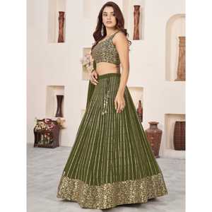 Outstanding Zeel Clothing Green <b>Sequins</b> Georgette Semi-Stitched Mehendi Wear Lehenga Choli - Product Image 6